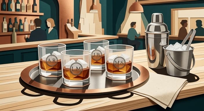 Four monogrammed whiskey glasses wait on a bar tray for Friday night cocktails.