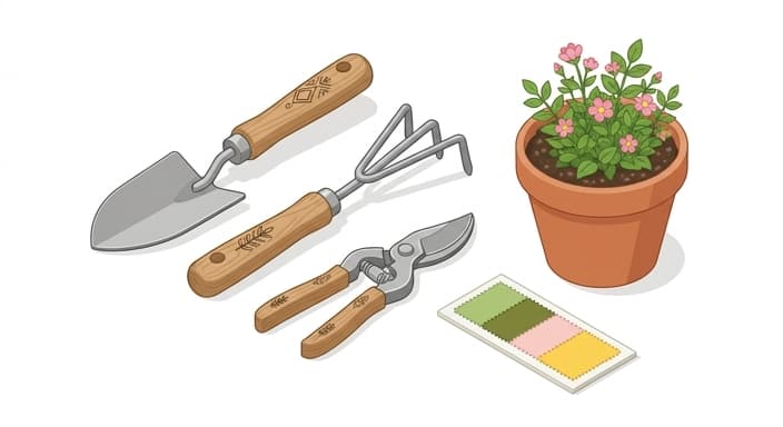 A personalized garden gift set with engraved-style handles sits beside spring color swatches and a blooming plant.