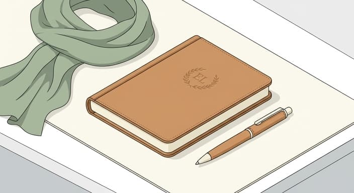 A personalized leather journal paired with a pen and a coordinating scarf adds a refined finishing touch.
