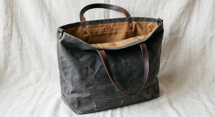 A durable waxed-canvas tote with hidden initials tucked in the inner hem.