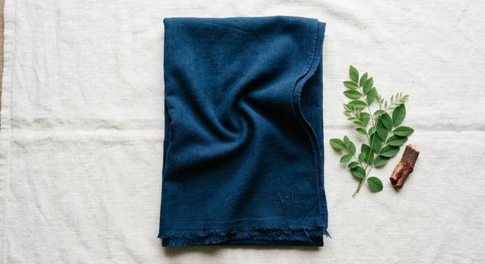 Indigo scarf with a subtle corner monogram for a minimalist, personalized touch.