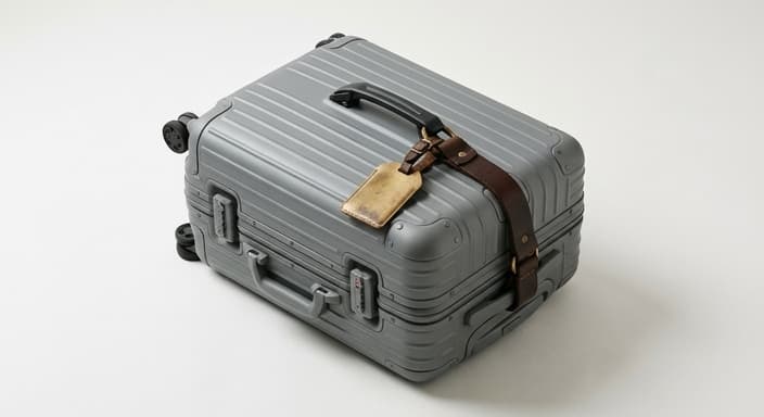 A brass patinaed luggage tag hangs from a sturdy suitcase, highlighting hardware-forward travel style.