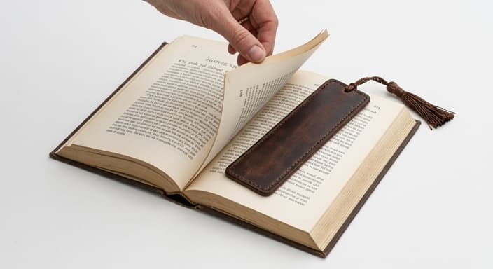 A leather bookmark with a tassel sits between book pages, inviting tactile reading.