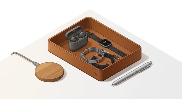 A leather charging tray with a subtle personalized emblem holds earbuds and a smart watch on a tidy desk.