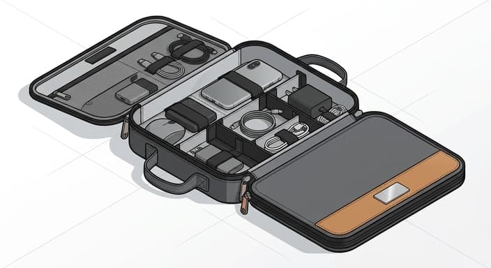 A modular tech travel organizer with personalized leather tab and metal plaque, opened to reveal neatly arranged gadgets.