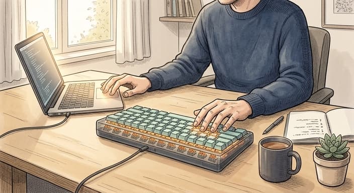 A coder or writer types on a compact mechanical keyboard at a tidy desk.