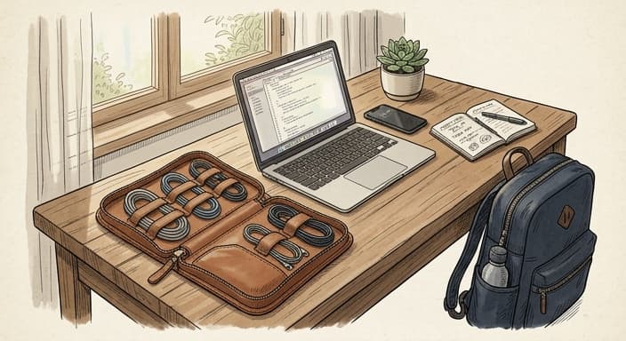 An organized commuter stores cables in a leather organizer on the desk.