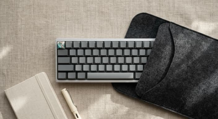 Compact keyboard with a custom keycap, a felt sleeve, and a travel notebook on a linen surface.