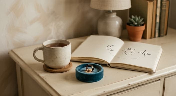A wellness ring glows softly beside tea and a notebook with simple icons representing ongoing tracking.