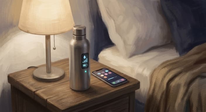 A smart water bottle with a glowing dashboard rests on a nightstand by a softly lit bed.