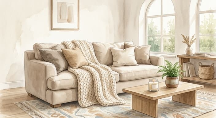 A sunlit living room sanctuary with a luxurious chunky knit wool throw casually draped over a plush beige sofa.