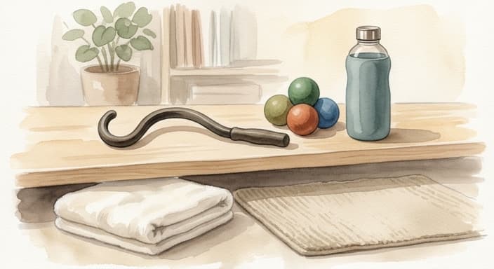 A tidy wellness corner featuring massage tools, lacrosse balls, and a reusable bottle ready for a home recovery routine.