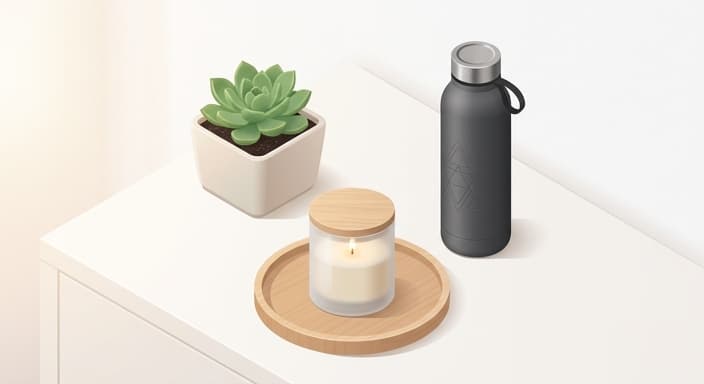 A personalized candle and engraved bottle sit beside a small plant for a calm, customized wellness desk.