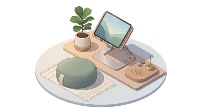 A personalized ergonomic tablet stand sets the stage for focused evening meditation.
