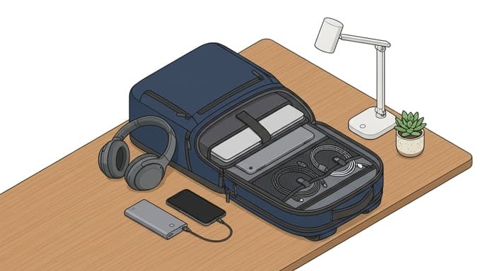 An organized dorm desk with a secure backpack and headset ready for study.
