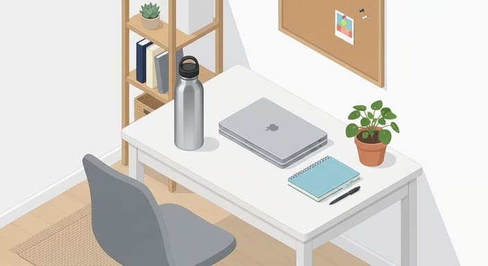 A study setup emphasizing hydration with an insulated water bottle.