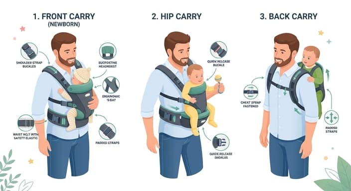 A dad models front, hip, and back carry positions with a versatile baby carrier.