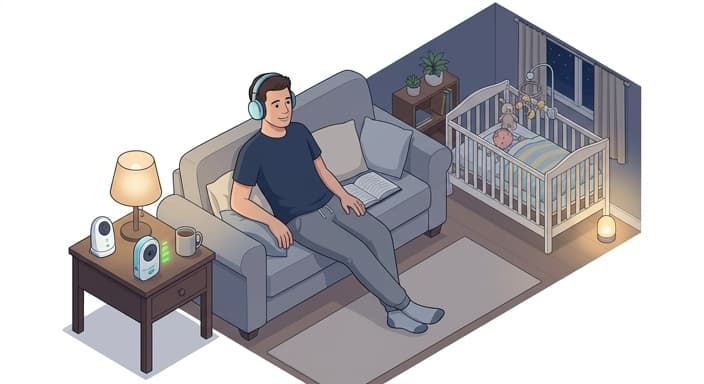 Dad enjoys a quiet moment with headphones while keeping an audio-only baby monitor within reach.