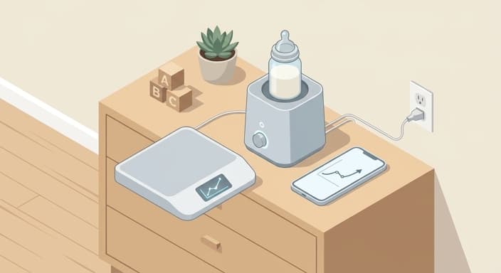 A streamlined feeding setup that syncs with a phone to track baby growth.