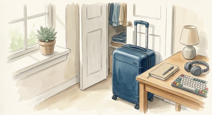 A carry-on suitcase near the closet and a keyboard-desk setup hint at practical graduation gifts.
