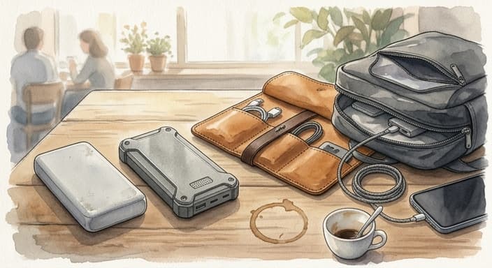 A cafe-table setup contrasts a budget power bank with a premium model beside a leather tech organizer.