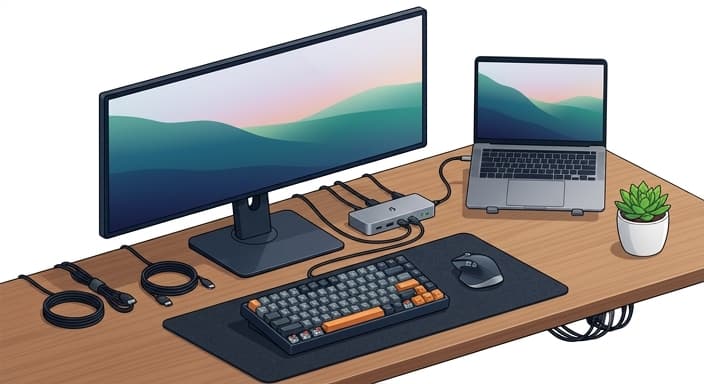 A modular workstation with an ultra-wide monitor and single-cable docking.
