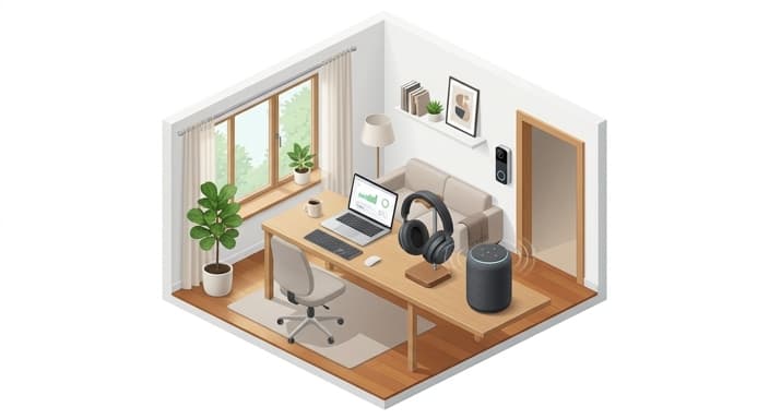 A connected home setup with a smart speaker, video doorbell, and ANC headphones.