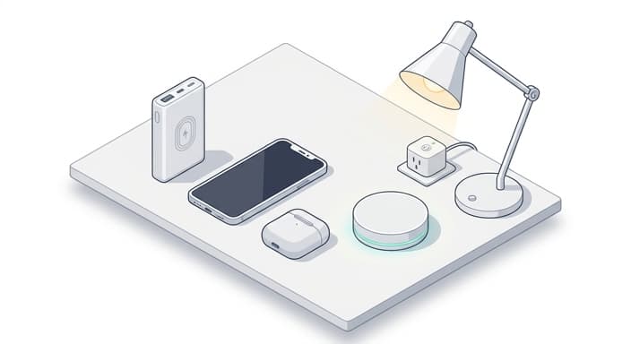 A tidy desk scene showing portable power and smart home control as practical gifts.