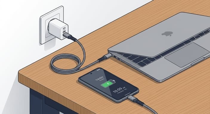 A tidy desk setup with a braided USB-C PD charging cable connected from a wall charger to a smartphone.