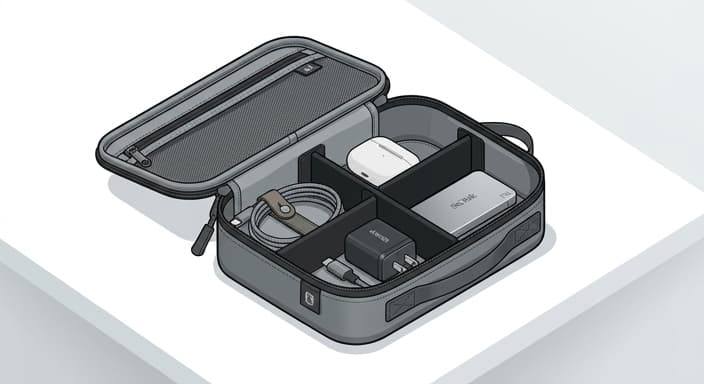 An open modular tech pouch showing a cable, charger, earbuds case, and portable SSD arranged for travel.