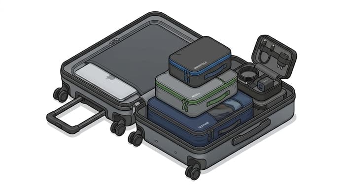 An organized carry-on with modular packing cubes and a structured tech kit for travel.
