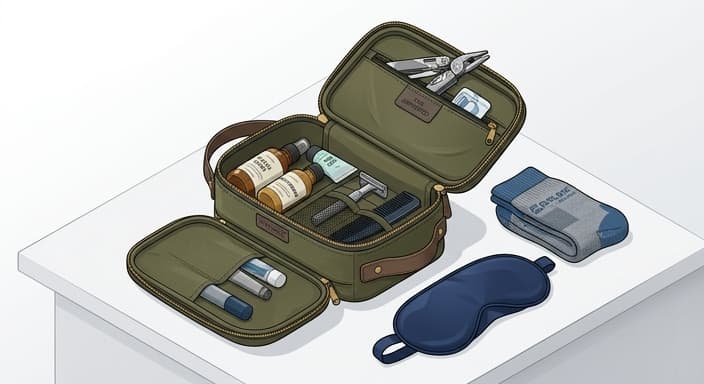 A waxed-canvas dopp kit opened to reveal a compact multi-tool and grooming essentials for travel.