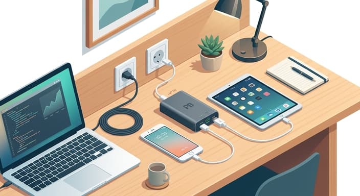 Power-through charging: a power bank charges from a wall outlet while powering a phone and a tablet.