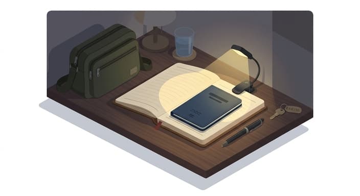 RFID-blocking wallet and a clip-on LED light ready for a low-light travel setup.