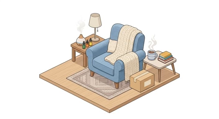 A serene corner showing mood-enhancing oils and a time-saving meal kit to symbolize unstructured time.