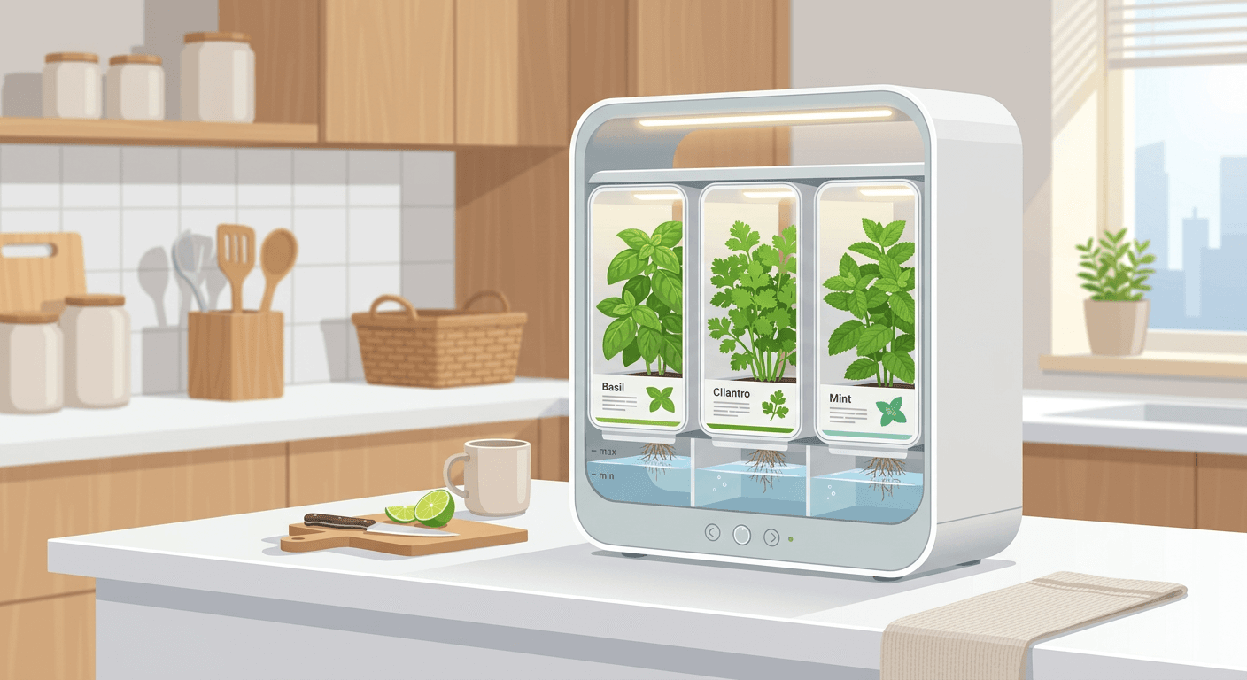 Compact toaster-sized smart garden device growing basil, cilantro, and mint on a white surface.
