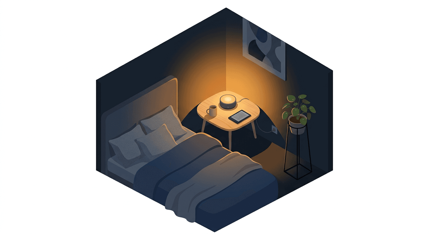 A small circular smart garden lamp on a bedside table casts warm ambient light in a cozy bedroom.