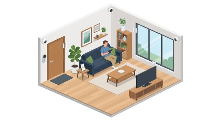 A dad relaxes at home while discreet security devices quietly guard the entry and living space.