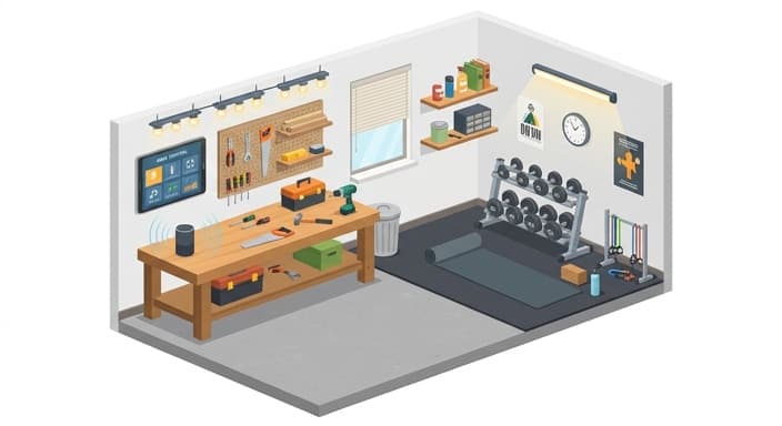 A smart speaker anchors the workspace and gym, delivering a seamless voice controlled soundtrack and smart control across rooms.