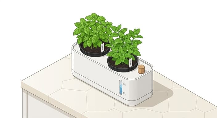 A compact self-watering herb garden thriving on a sunny kitchen counter with basil and mint.