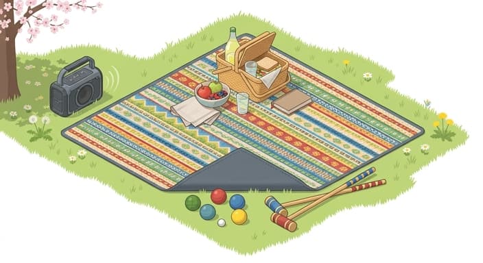 A picnic-ready setup with a woven blanket, speaker, and lawn games for a spring gathering.