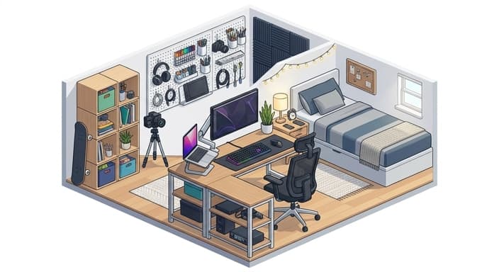 A teen's bedroom reimagined as a modular, multi-use creative HQ with desk, storage, and gear.