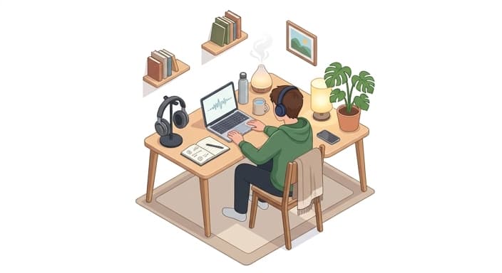 Tech-forward wellness setup with noise-canceling headphones and calming desk accessories.