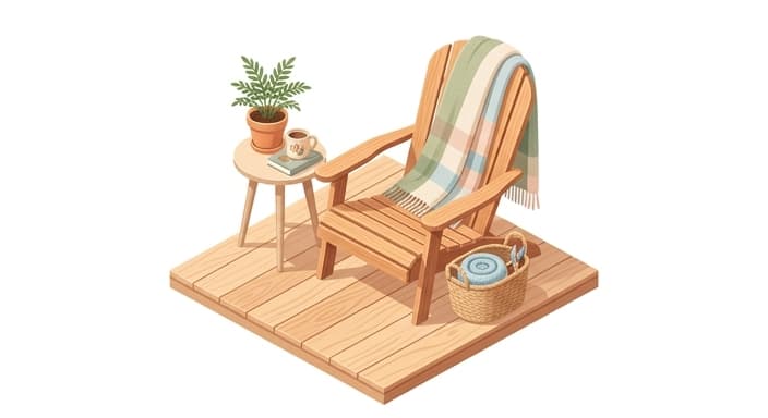 A cozy porch scene featuring a breathable linen throw on a chair with a small plant nearby.