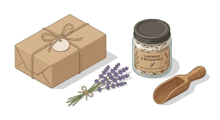 A fresh natural exfoliating scrub gift with lavender and kraft wrapping.