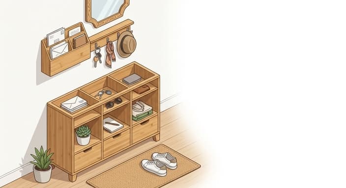 A tidy entryway with a wall organizer and a bamboo divided chest, illustrating practical, calming post-cleaning gifts.