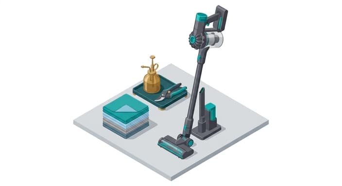 A refined spring-cleaning setup featuring a cordless vacuum and premium cloths, with garden tools adding a luxe touch.