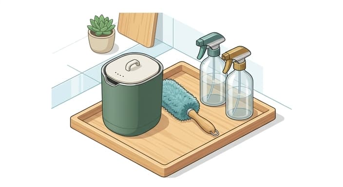 A stylish countertop display of eco-friendly cleaning tools that blend with home decor.