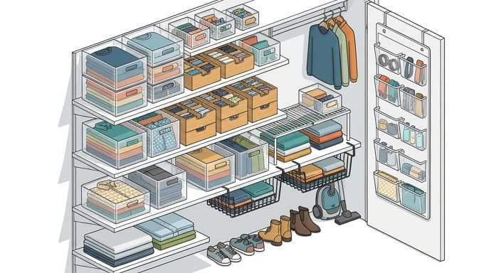 A modular, adaptable storage system organized with clear bins and bamboo dividers.