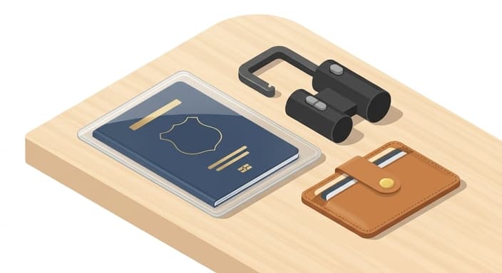 A passport sleeve and portable door lock arranged for secure, relaxed travel.